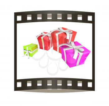 Gift boxes. 3d illustration. The film strip.