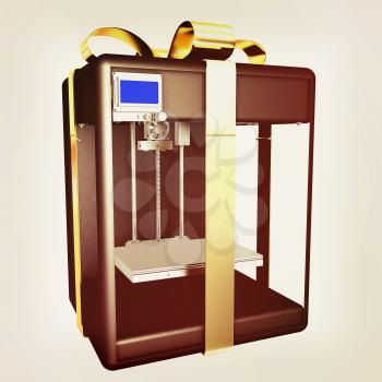 3d printer - gift. Modern technologies. Creating products of the innovative materials. 3d illustration. Vintage style