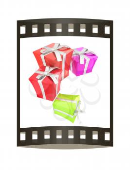 Gift boxes. 3d illustration. The film strip.