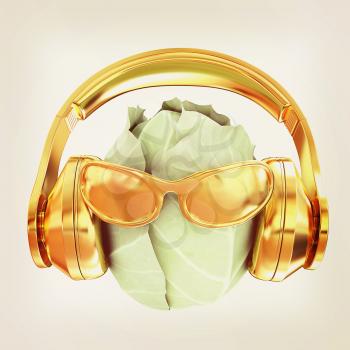 Green cabbage with sun glass and headphones front face on a white background. 3d illustration. Vintage style