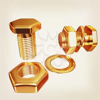 Gold Bolt with nut. 3d illustration. Vintage style