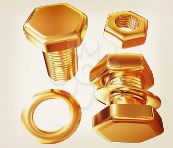 Gold Bolt with nut. 3d illustration. Vintage style