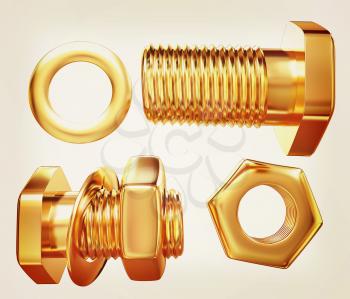 Gold Bolt with nut. 3d illustration. Vintage style