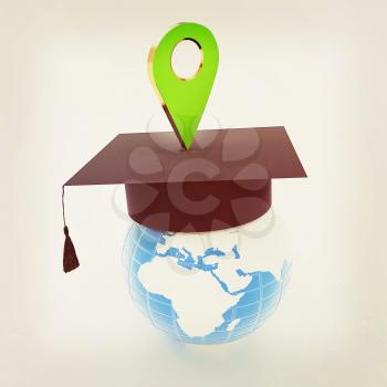 Geo pin with graduation hat on white. School sign, geolocation and navigation. 3d illustration. Vintage style