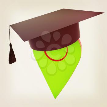 Geo pin with graduation hat on white. School sign, geolocation and navigation. 3d illustration. Vintage style