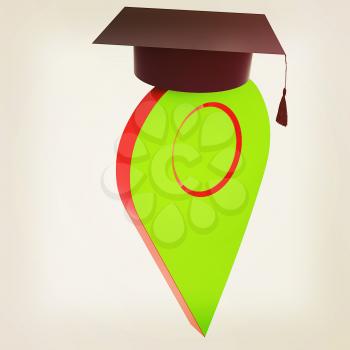 Geo pin with graduation hat on white. School sign, geolocation and navigation. 3d illustration. Vintage style