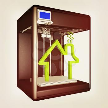 Industrial 3D printer prints a house concept. 3d illustration. Vintage style