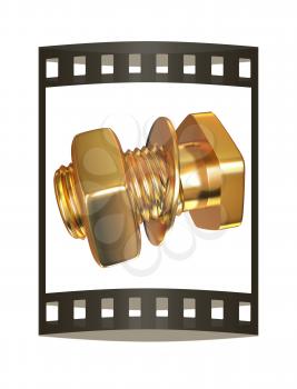 Gold Bolt with nut. 3d illustration. The film strip.