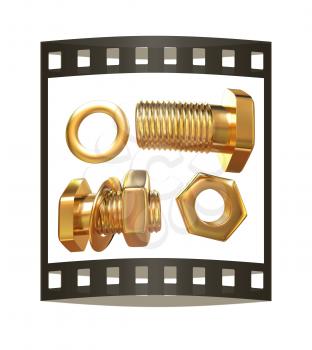 Gold Bolt with nut. 3d illustration. The film strip.