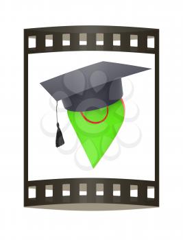 Geo pin with graduation hat on white. School sign, geolocation and navigation. 3d illustration. The film strip.