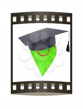 Geo pin with graduation hat on white. School sign, geolocation and navigation. 3d illustration. The film strip.