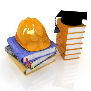 Hard hat and graduation hat on a leather books and notes. The concept of edication for work. 3d render