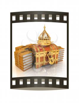 Gold crown on a chest and leather books around. 3d render. Film strip.