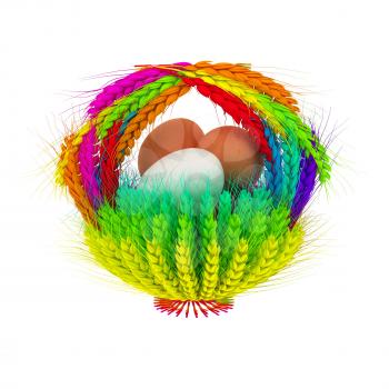 Colored basket of the ears of wheat with eggs. 3d render