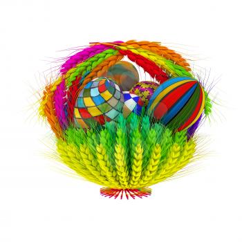 Colored basket of the ears of wheat with Easter eggs. 3d render