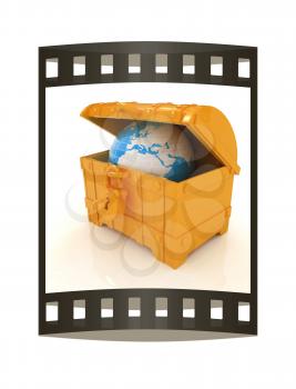 Earth in a chest. 3d illustration. Film strip.