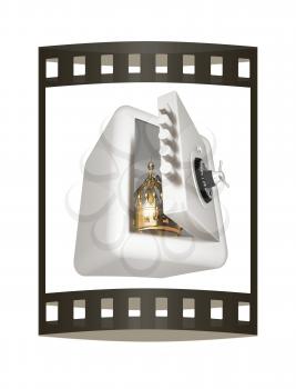 Safe and crown. Money saving concept. 3d render. Film strip.