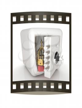 Safe and crown. Money saving concept. 3d render. Film strip.