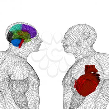 Wire human body model with heart and brain in x-ray. 3d render