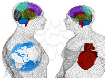 Wire human body model with heart and brain in x-ray. 3d render. Global medical concept with Earth. 3d render