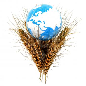 Golden metal ears of wheat and Earth. Symbol that depicts prosperity, wealth and abundance. 3d render