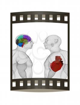 Wire human body model with heart and brain in x-ray. 3d render. Film strip.