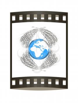 Wheat ears logo design with Earth. 3d render. Film strip.