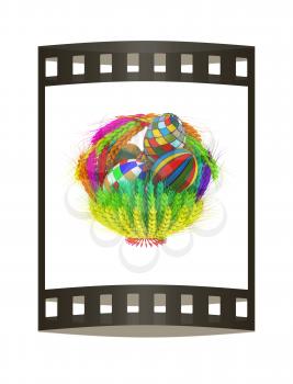 Colored basket of the ears of wheat with Easter eggs. 3d render. Film strip.