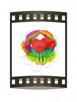 Heart in colored basket of the ears of wheat. Wedding concept. 3d render. Film strip.