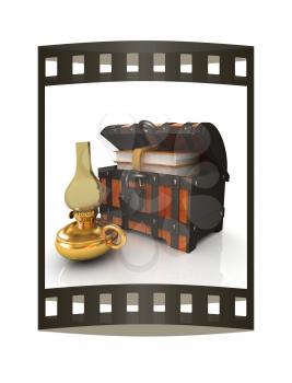 Leather Books in a Chest and kerosene lamp. 3d render. Film strip.