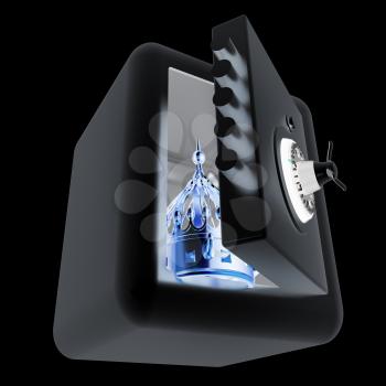 Safe and crown. Money saving concept. 3d render. On a black background.