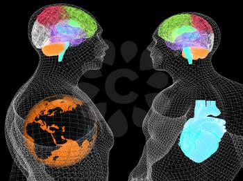 Wire human body model with heart and brain in x-ray. 3d render. Global medical concept with Earth. 3d render. On a black background.