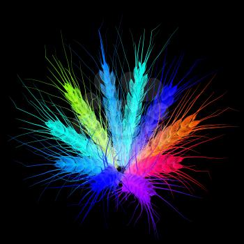 Colorful spikelets design. 3d render. On a black background.