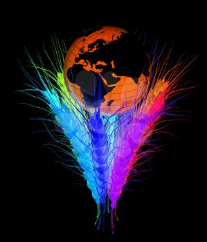 Colorfull ears of wheat and Earth. Symbol that depicts prosperity, wealth and abundance.. On a black background.
