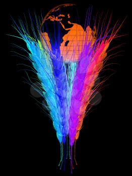Colorfull ears of wheat and Earth. Symbol that depicts prosperity, wealth and abundance.. On a black background.