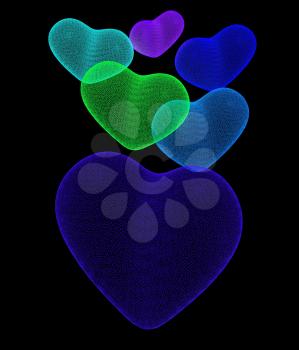 Colored hearts. 3d render. On a black background.