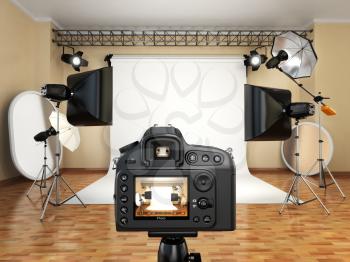 DSLR camera in photo studio with lighting equipment, softbox and flashes. 3d