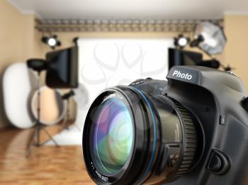 DSLR camera in photo studio with lighting equipment, softbox and flashes. 3d