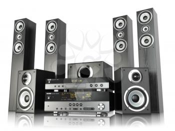 Home cinema speaker system. Loudspeakers, player and receiver isolated on white. 3d