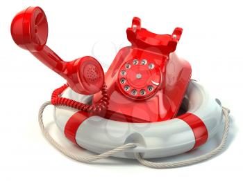 Help or support service concept. Telephone and life preserver isolated on white. 3d