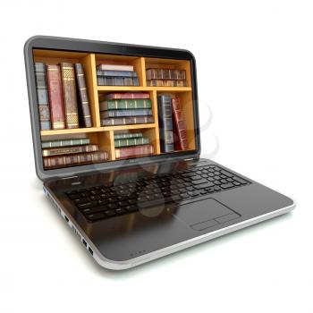 E-learning education internet library or book store. Laptop and vintage books isolated on white. 3d