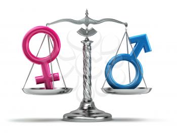 Gender equality concept. Male and female signs on the scales isolated on white. 3d