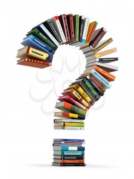 Question mark from books. Searching information or FAQ edication concept 3d