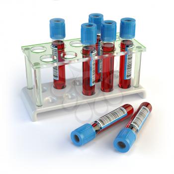 Blood test tubes. Blood samples in a rack  isolated on white. 3d illustration