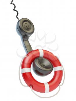 Help or support service concept. Telephone reciever and lifebouy isolated on white. 3d illustration