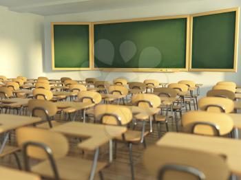 School classroom with empty school chairs and blackboard. Back to school concept. 3d illustration