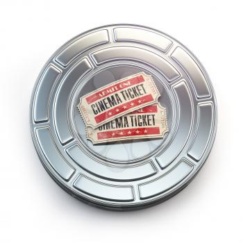 Movie, cinema or video vintage concept. Tickets on retro film reel or canister. 3d illustration