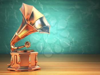 Gold vintage gramophone on green background. 3d illustration