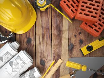 Construction tools on a wooden background. Hard helmet, bricks, trowel, drawing and level with space for text. 3d illustration