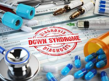 Down syndrome disease diagnosis. Stamp, stethoscope, syringe, blood test and pills on the clipboard with medical report. 3d illustration